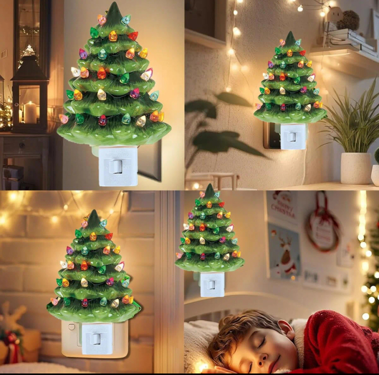 360° Rotating Plug Resin Christmas Tree Night Light – Warm LED Holiday Décor for Kitchen, Bathroom & Bedroom