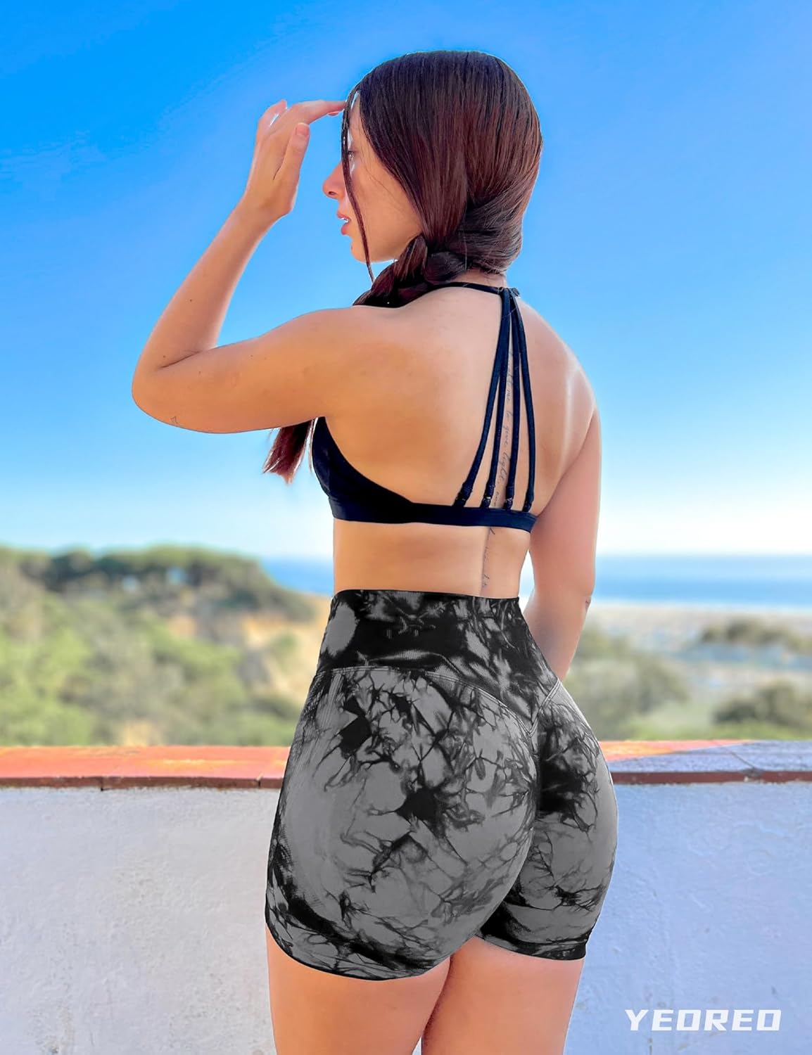 women's tie dye print high waist sports gym shorts